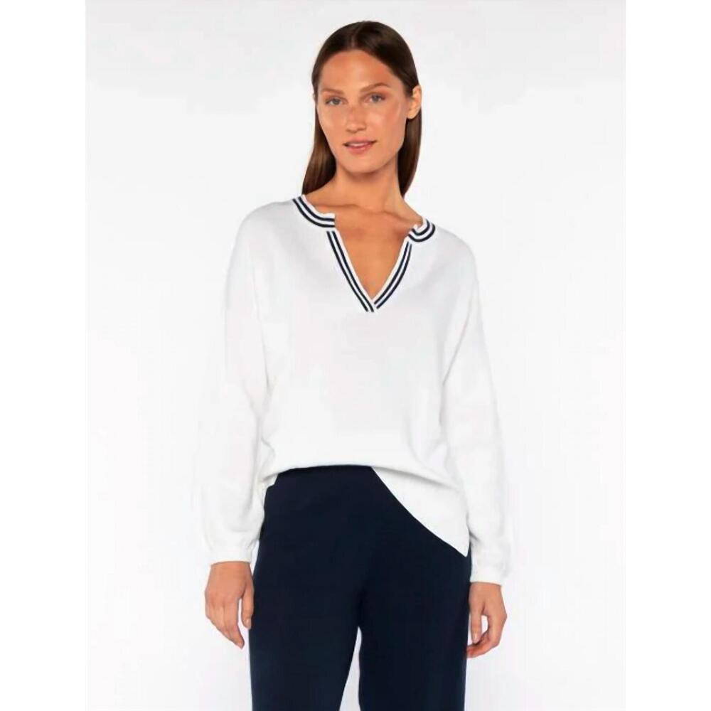 NEW KINROSS gathered sleeve splitneck sweater in white